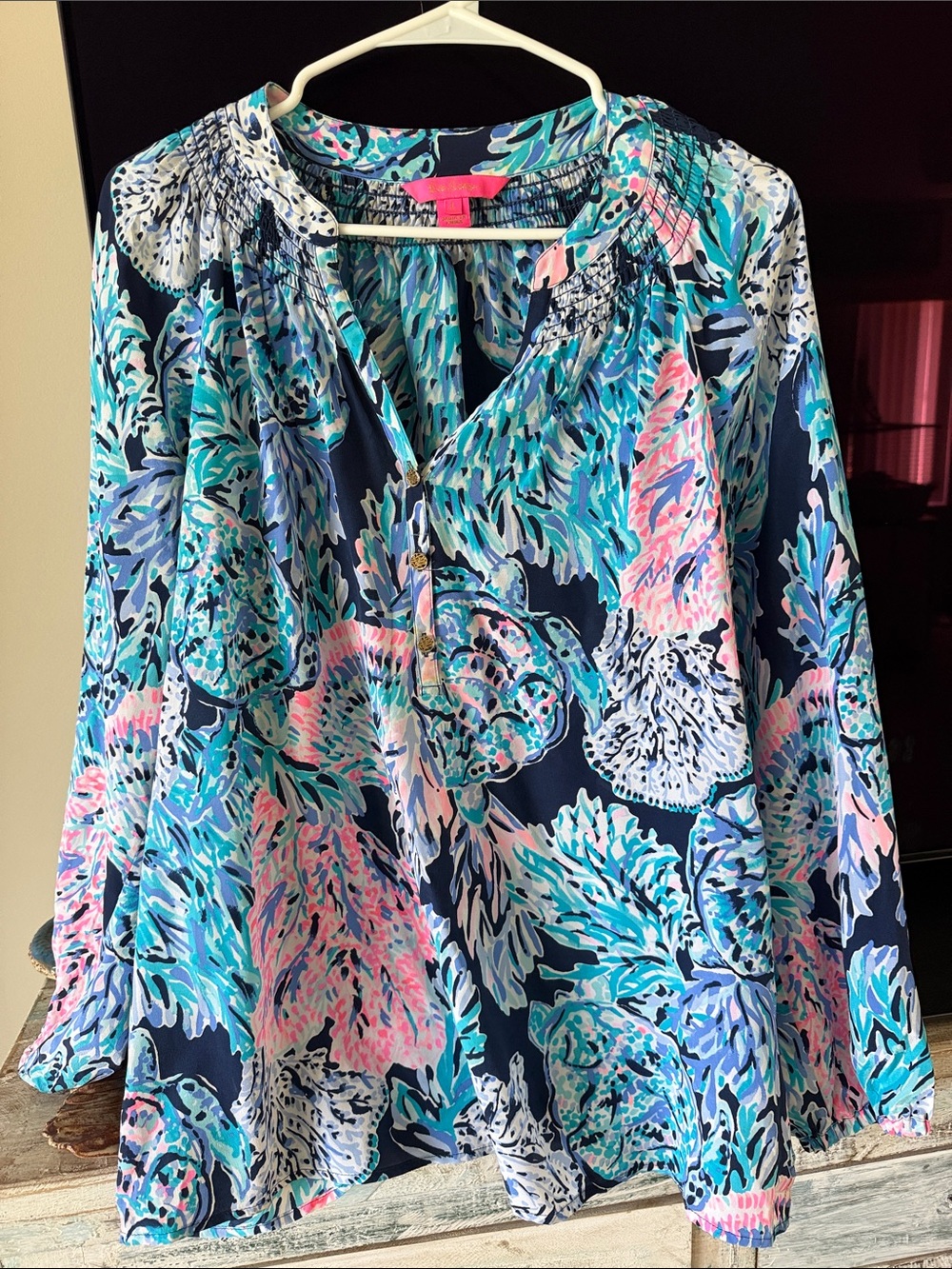 Lilly Pulitzer - Women's Navy Floral V-Neck Blouse with Pink & Aqua Accents